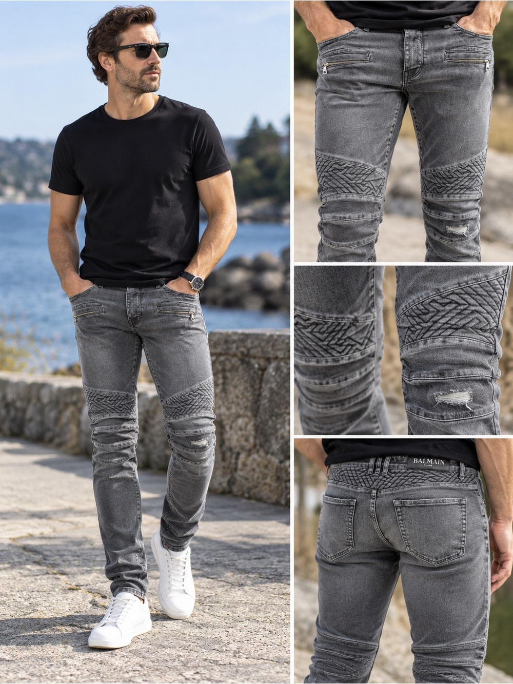 Balmain Grey Distressed Biker Jeans | Ribbed Knee & Zip Details Made in Italy